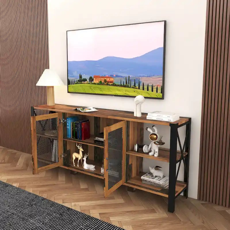 Meuble TV Étagère Ouverte Industriel Noyer, Convient jusqu'à 80", Assemblage 1 personne