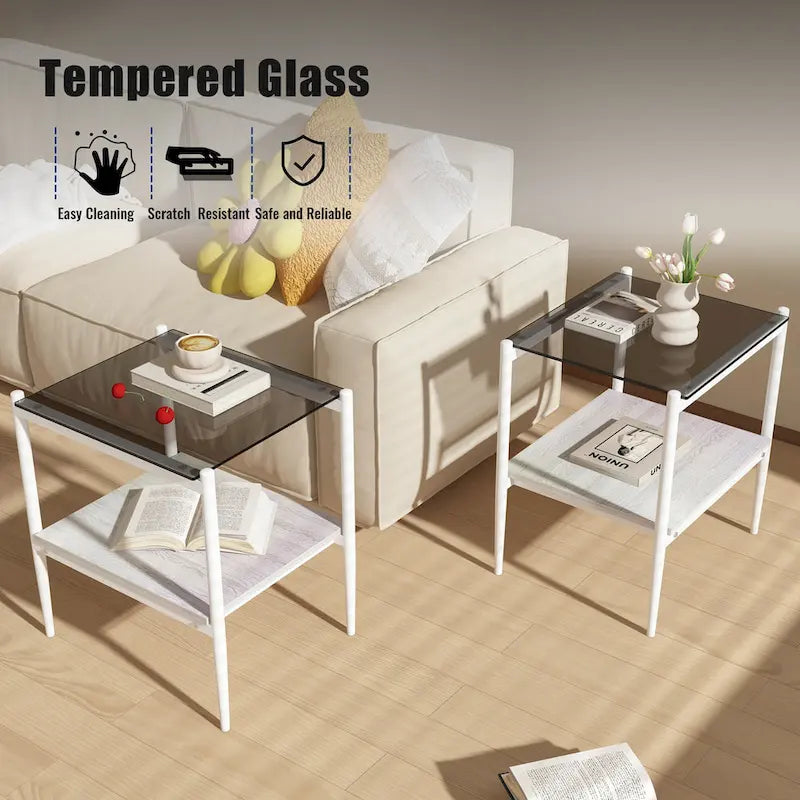 Table basse et tables d'appoint en verre trempé gris, ensemble 3 pièces, 4 à 6 personnes
