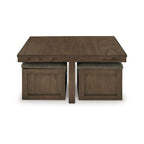 Table basse à cocktail marron et gris avec 4 poufs gigognes