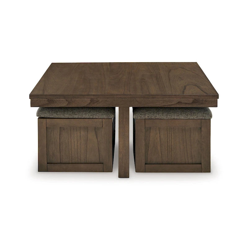 Table basse à cocktail marron et gris avec 4 poufs gigognes
