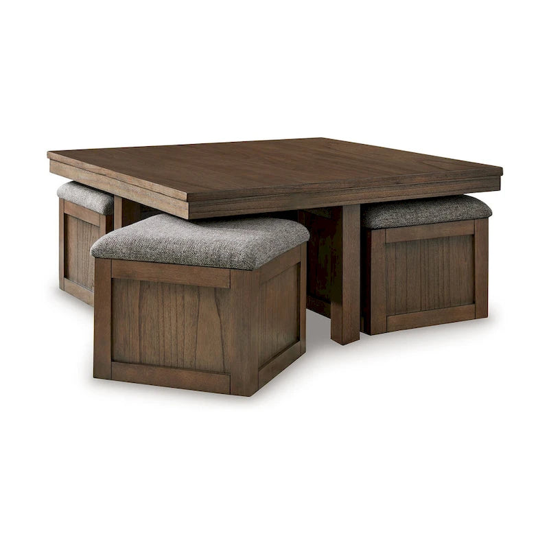 Table basse à cocktail marron et gris avec 4 poufs gigognes