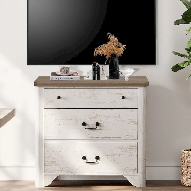 Meuble TV blanc de style rustique avec 3 tiroirs, pour 1 à 2 personnes