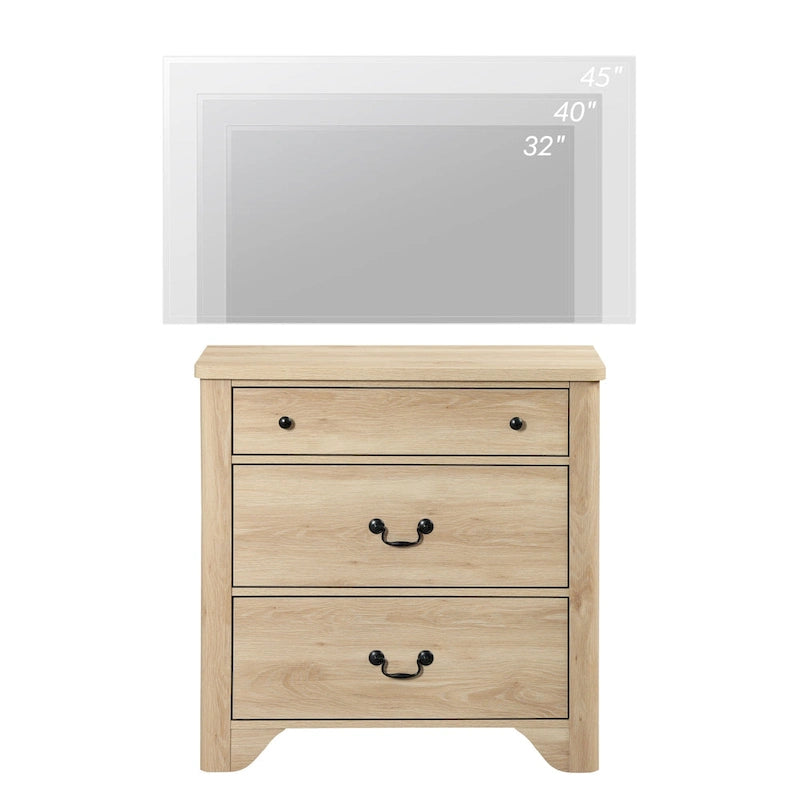 Meuble TV blanc de style rustique avec 3 tiroirs, pour 1 à 2 personnes