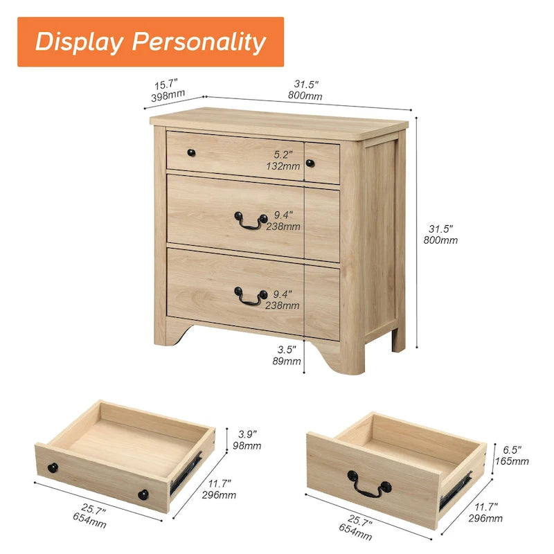Meuble TV blanc de style rustique avec 3 tiroirs, pour 1 à 2 personnes