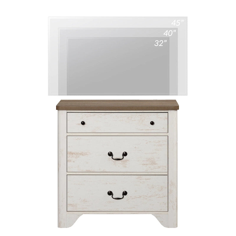 Meuble TV blanc de style rustique avec 3 tiroirs, pour 1 à 2 personnes
