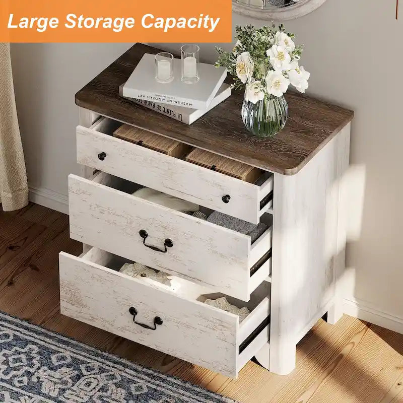 Meuble TV blanc de style rustique avec 3 tiroirs, pour 1 à 2 personnes