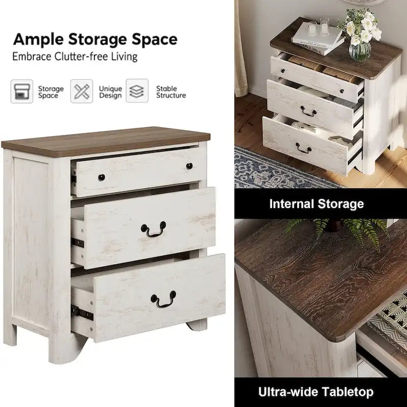 Meuble TV blanc de style rustique avec 3 tiroirs, pour 1 à 2 personnes
