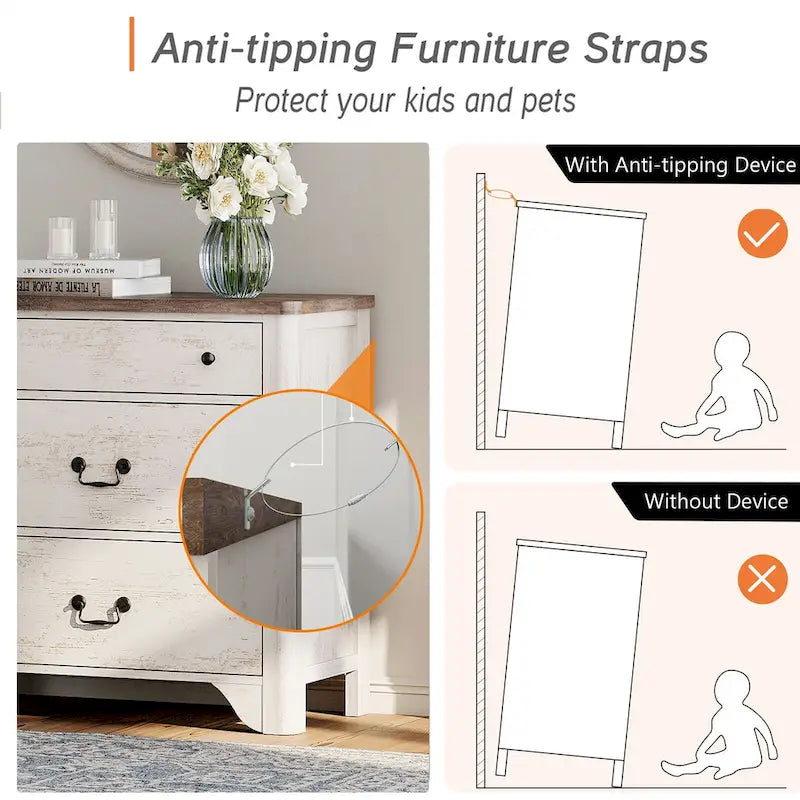 Meuble TV blanc de style rustique avec 3 tiroirs, pour 1 à 2 personnes