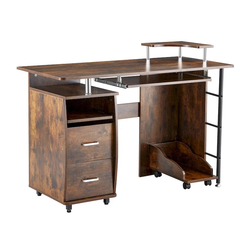 Bureau d'ordinateur incurvé brun antique avec tablette coulissante pour clavier – Une personne