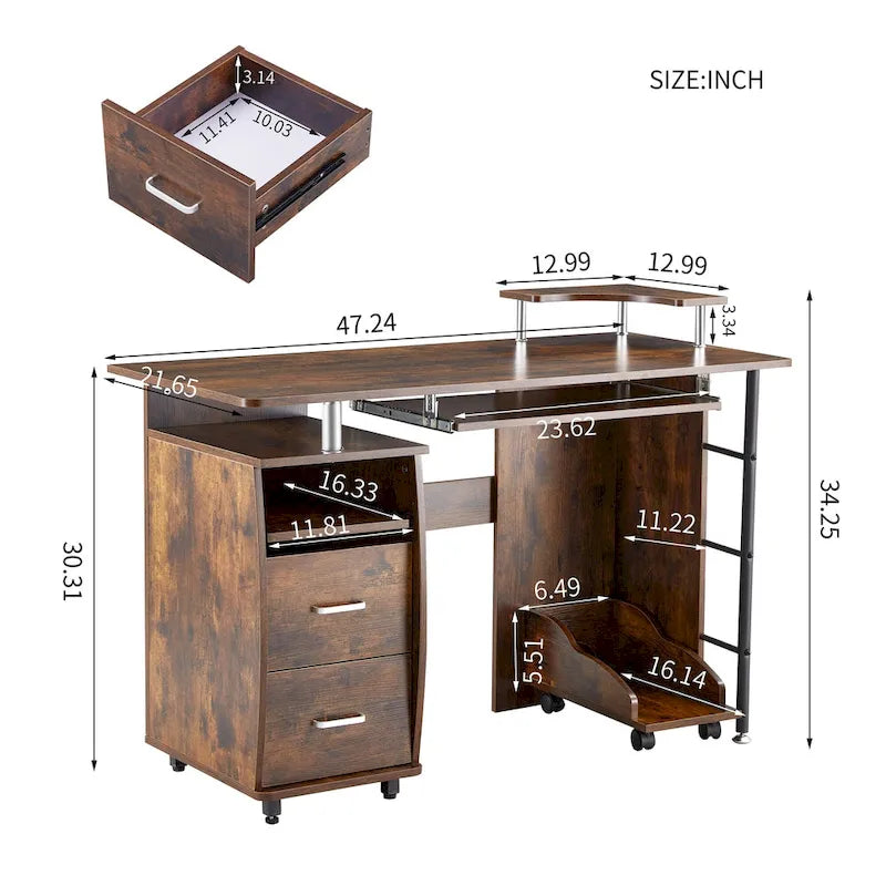 Bureau d'ordinateur incurvé brun antique avec tablette coulissante pour clavier – Une personne