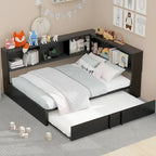 Lit banquette noir en métal avec lit gigogne double, armoires de rangement et chargement USB