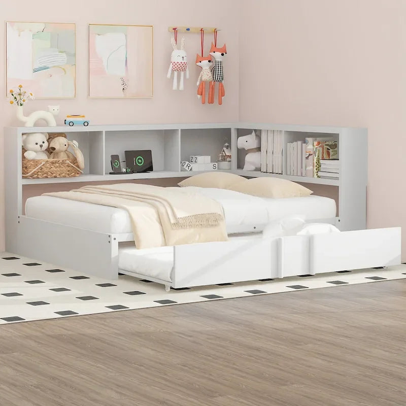 Lit banquette noir en métal avec lit gigogne double, armoires de rangement et chargement USB
