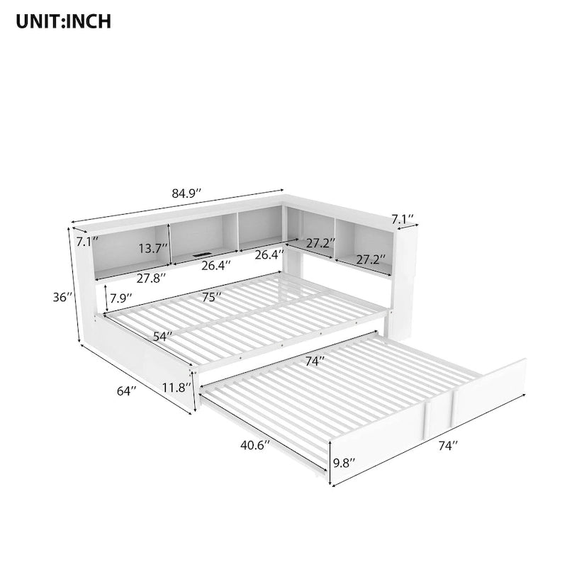 Lit banquette noir en métal avec lit gigogne double, armoires de rangement et chargement USB