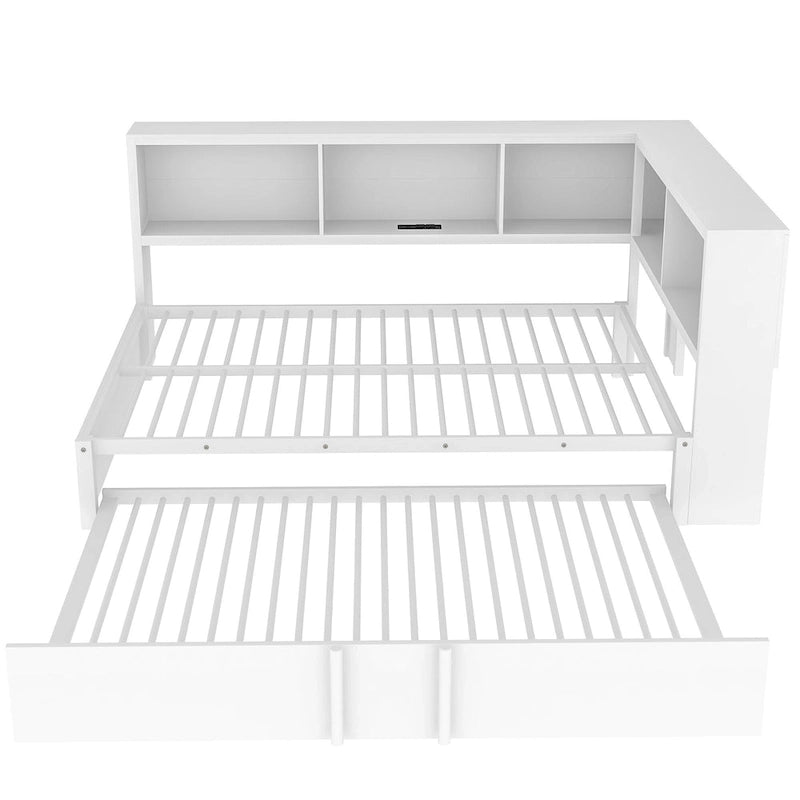 Lit banquette noir en métal avec lit gigogne double, armoires de rangement et chargement USB