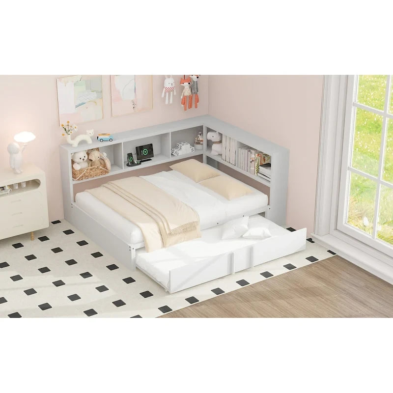 Lit banquette noir en métal avec lit gigogne double, armoires de rangement et chargement USB