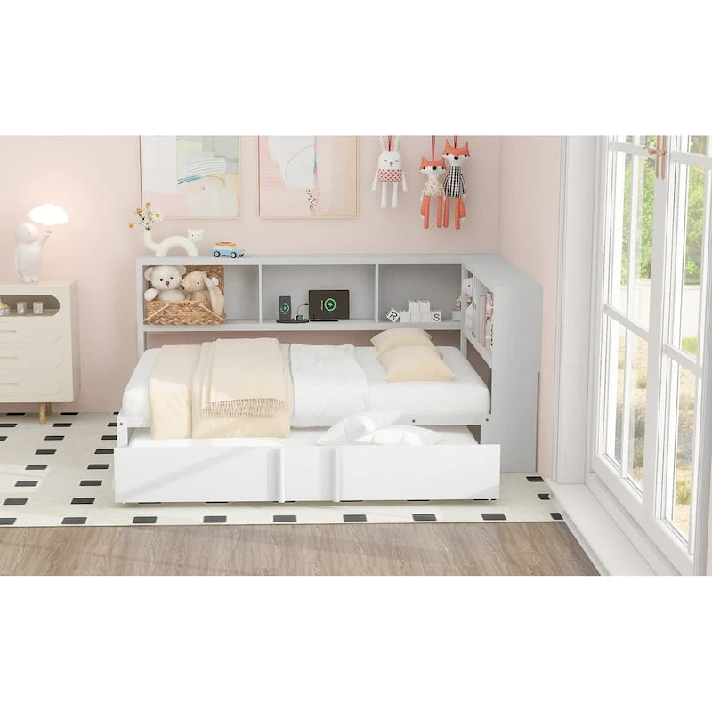 Lit banquette noir en métal avec lit gigogne double, armoires de rangement et chargement USB