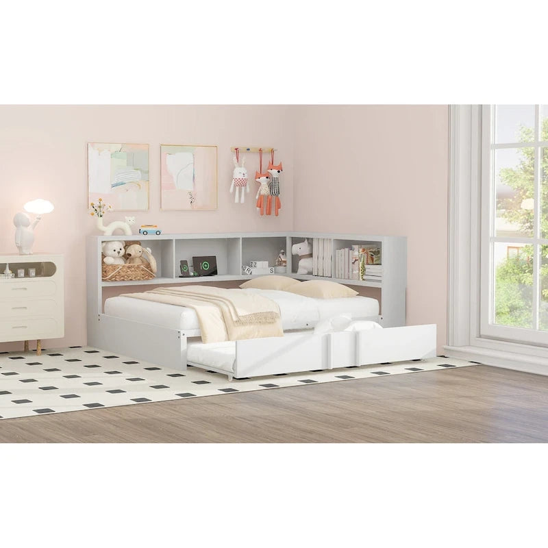 Lit banquette noir en métal avec lit gigogne double, armoires de rangement et chargement USB