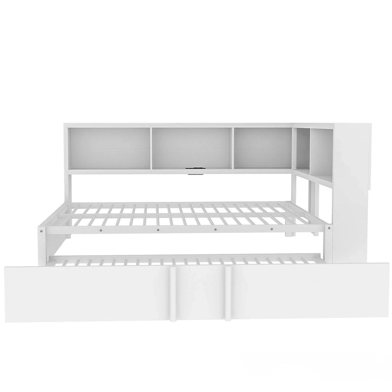 Lit banquette noir en métal avec lit gigogne double, armoires de rangement et chargement USB