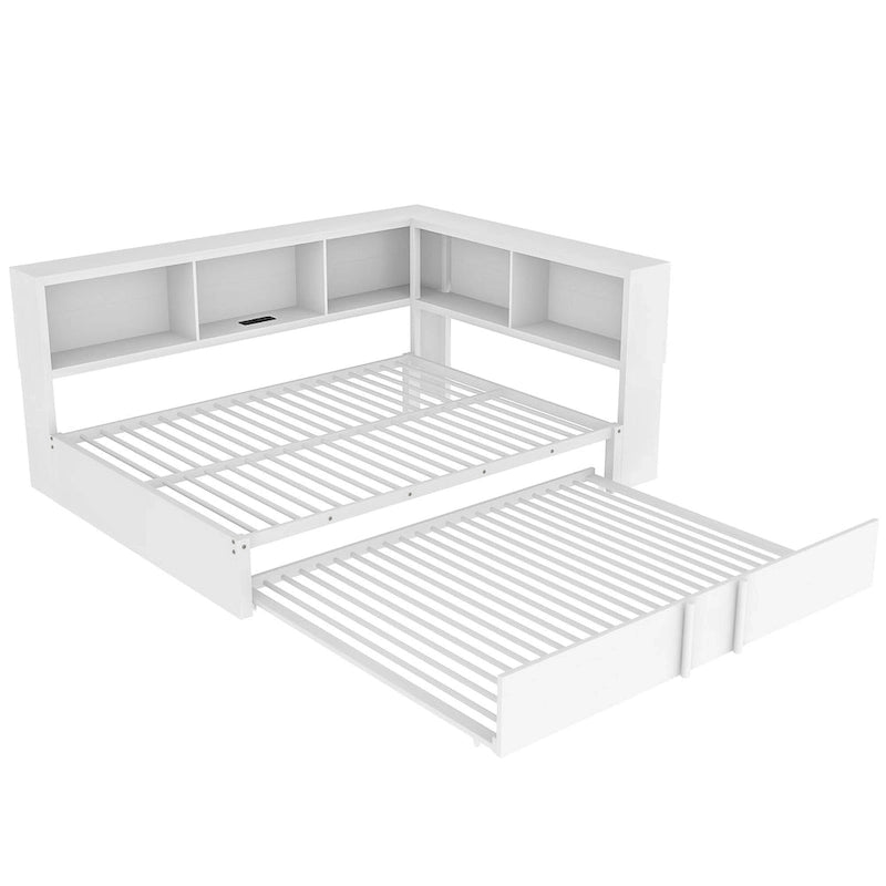 Lit banquette noir en métal avec lit gigogne double, armoires de rangement et chargement USB