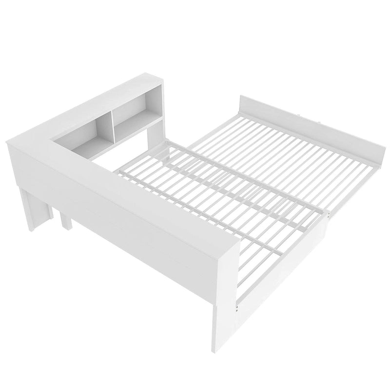 Lit banquette noir en métal avec lit gigogne double, armoires de rangement et chargement USB