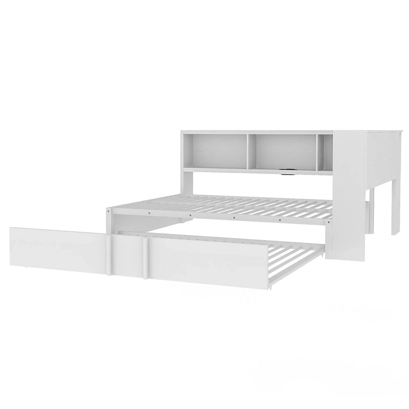 Lit banquette noir en métal avec lit gigogne double, armoires de rangement et chargement USB