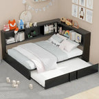 Lit banquette noir en métal avec lit gigogne double, armoires de rangement et chargement USB