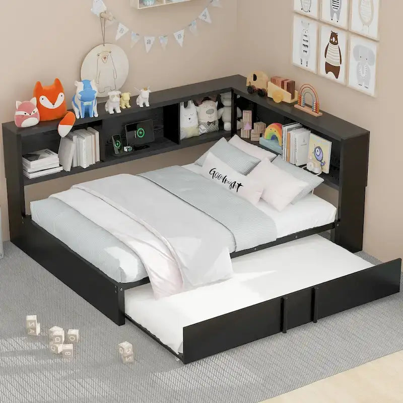 Lit banquette noir en métal avec lit gigogne double, armoires de rangement et chargement USB