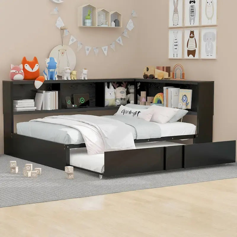 Lit banquette noir en métal avec lit gigogne double, armoires de rangement et chargement USB