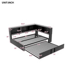 Lit banquette noir en métal avec lit gigogne double, armoires de rangement et chargement USB