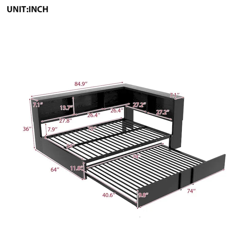 Lit banquette noir en métal avec lit gigogne double, armoires de rangement et chargement USB