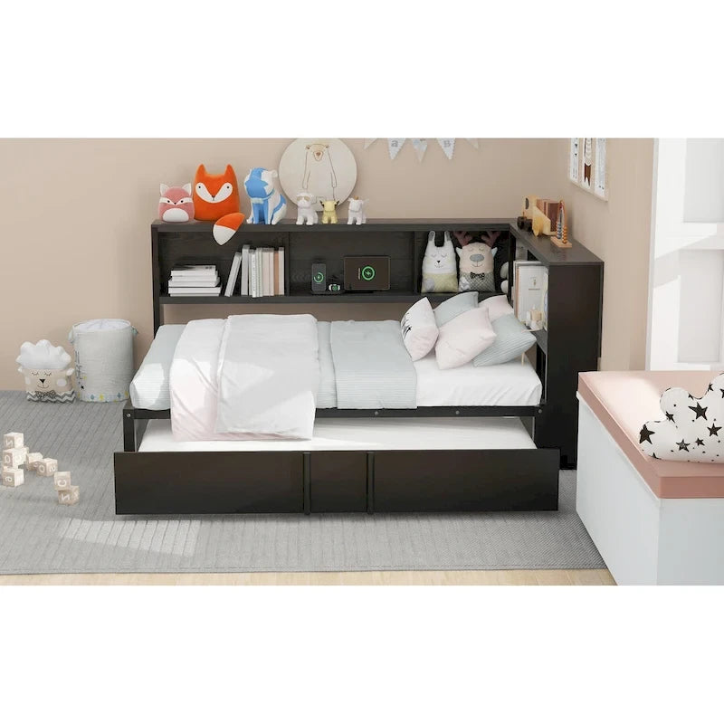 Lit banquette noir en métal avec lit gigogne double, armoires de rangement et chargement USB