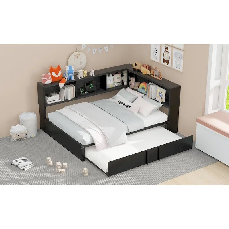 Lit banquette noir en métal avec lit gigogne double, armoires de rangement et chargement USB