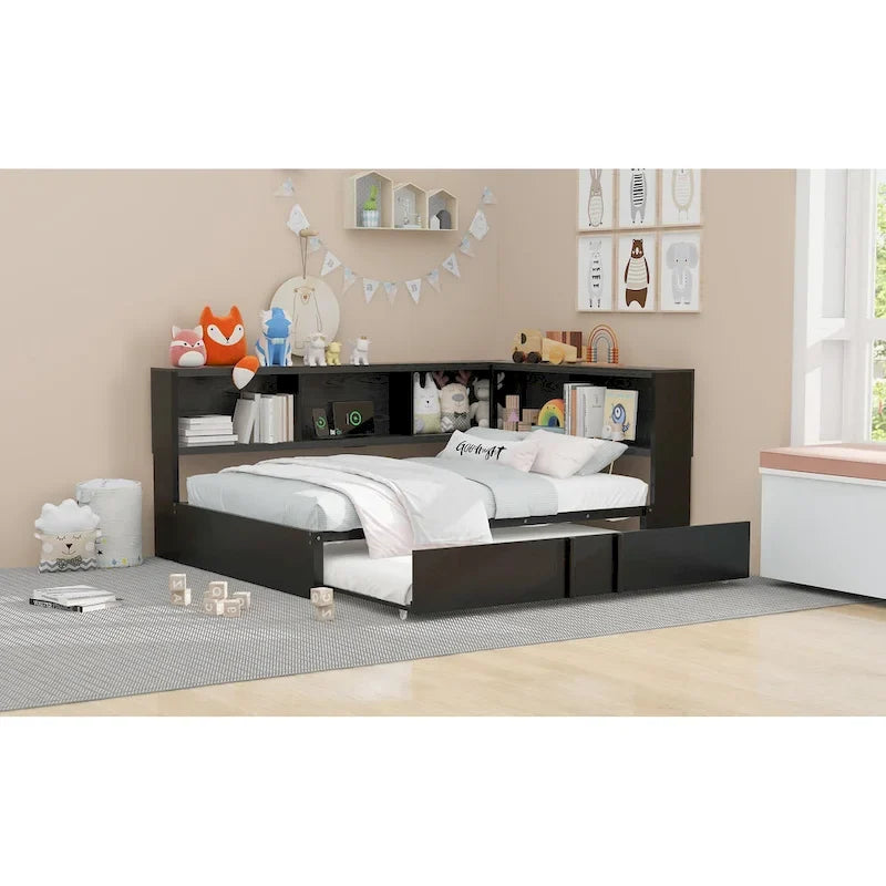 Lit banquette noir en métal avec lit gigogne double, armoires de rangement et chargement USB