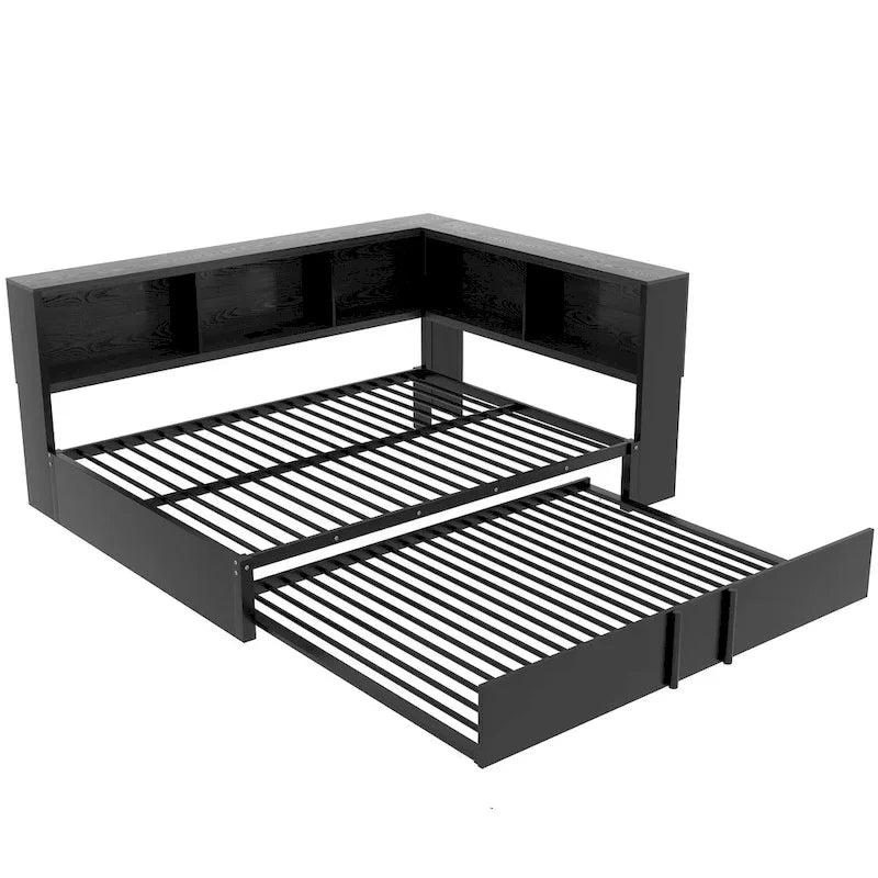 Lit banquette noir en métal avec lit gigogne double, armoires de rangement et chargement USB