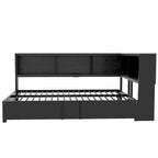 Lit banquette noir en métal avec lit gigogne double, armoires de rangement et chargement USB