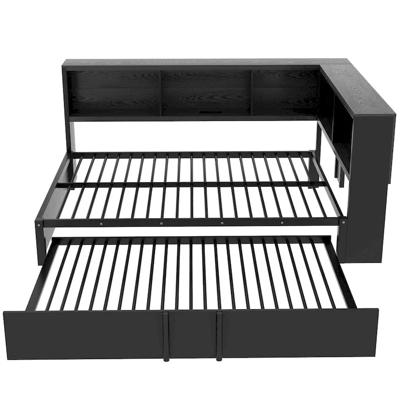 Lit banquette noir en métal avec lit gigogne double, armoires de rangement et chargement USB