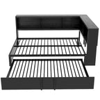 Lit banquette noir en métal avec lit gigogne double, armoires de rangement et chargement USB