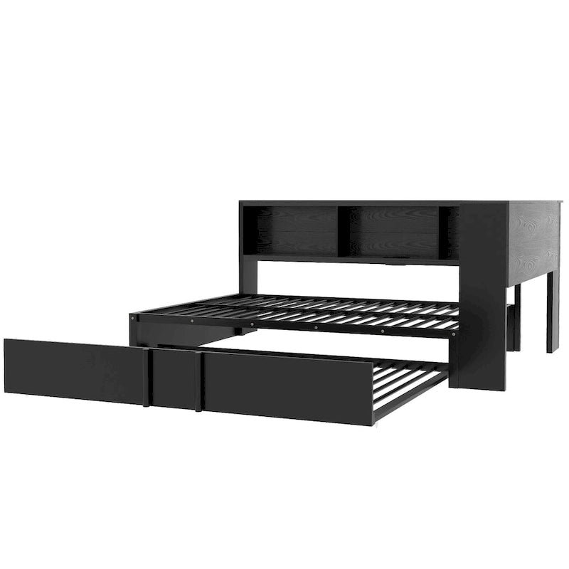Lit banquette noir en métal avec lit gigogne double, armoires de rangement et chargement USB