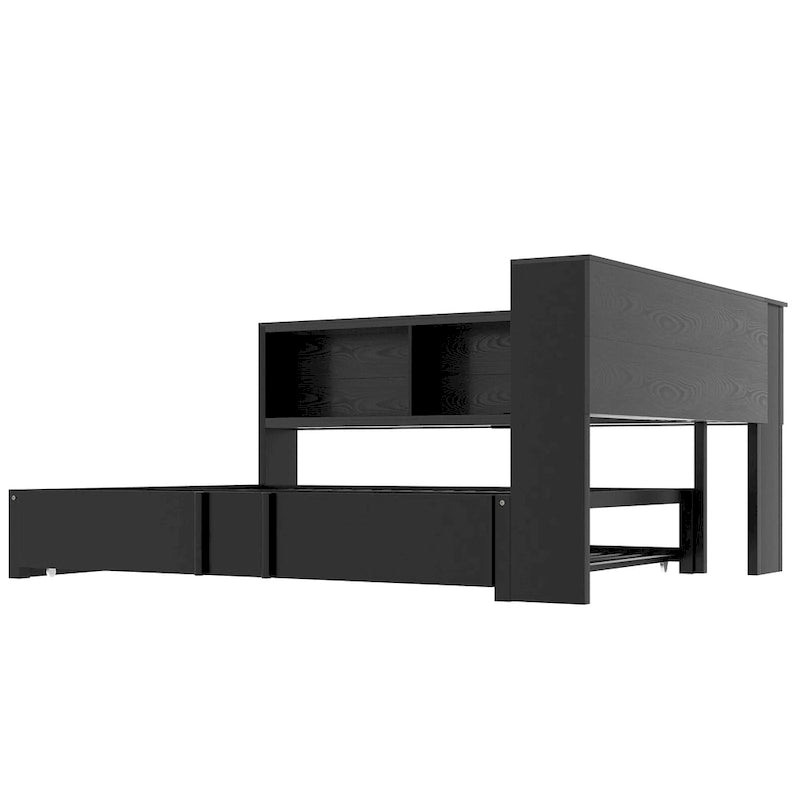 Lit banquette noir en métal avec lit gigogne double, armoires de rangement et chargement USB