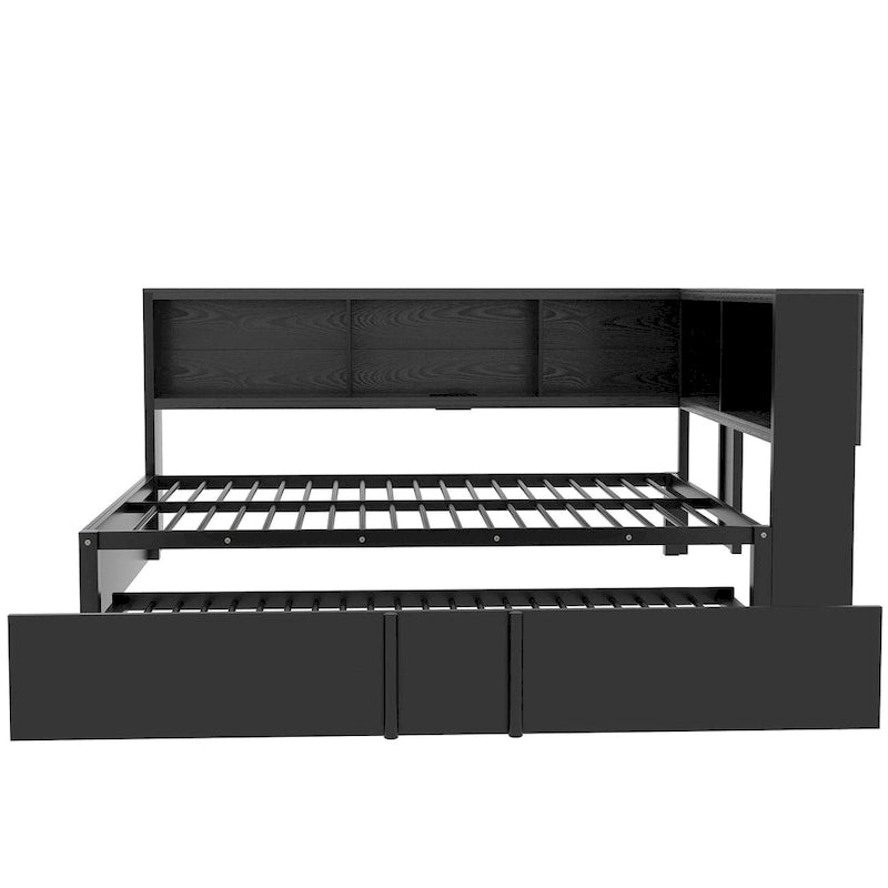 Lit banquette noir en métal avec lit gigogne double, armoires de rangement et chargement USB