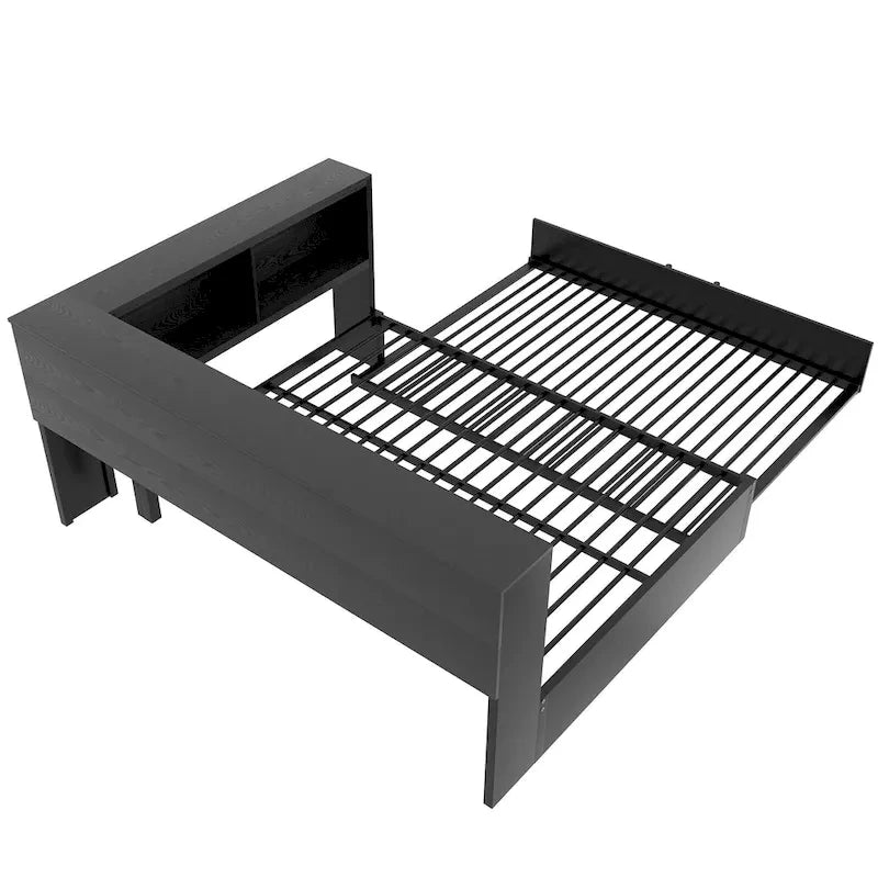 Lit banquette noir en métal avec lit gigogne double, armoires de rangement et chargement USB