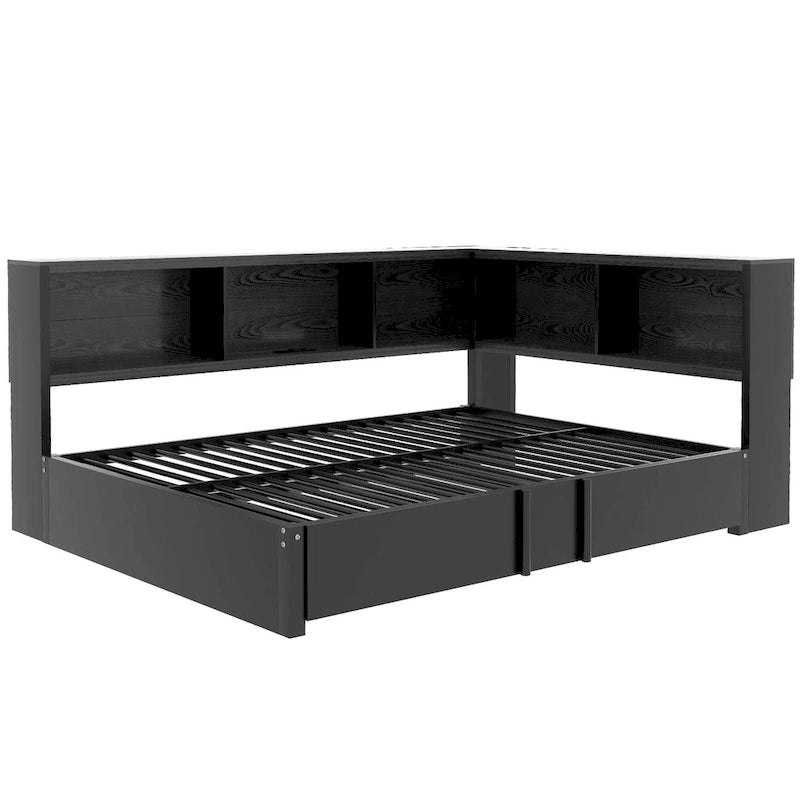 Lit banquette noir en métal avec lit gigogne double, armoires de rangement et chargement USB