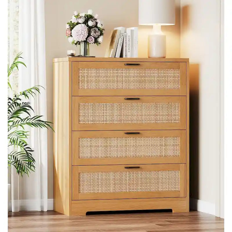 Commode 4 tiroirs en rotin blanc / naturel / noir, 1 personne