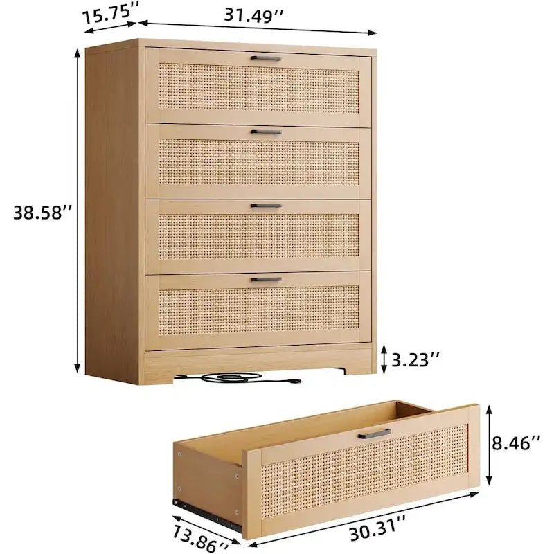 Commode 4 tiroirs en rotin blanc / naturel / noir, 1 personne