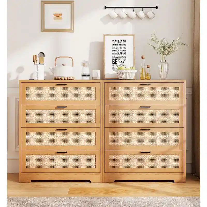 Commode 4 tiroirs en rotin blanc / naturel / noir, 1 personne