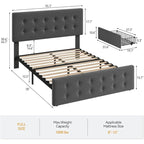 Cadre de lit Queen — Lin gris, capitonné, 4 tiroirs de rangement, 2 places