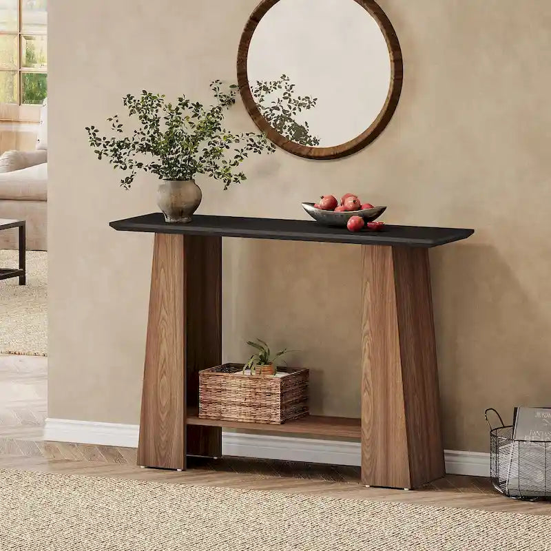 Console noire et noyer avec étagère de rangement, 119 cm de large