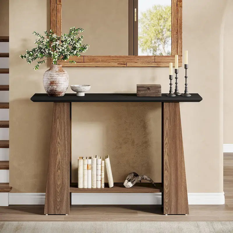 Console noire et noyer avec étagère de rangement, 119 cm de large