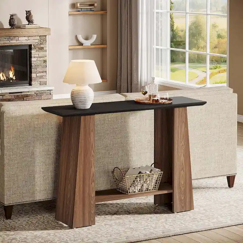 Console noire et noyer avec étagère de rangement, 119 cm de large