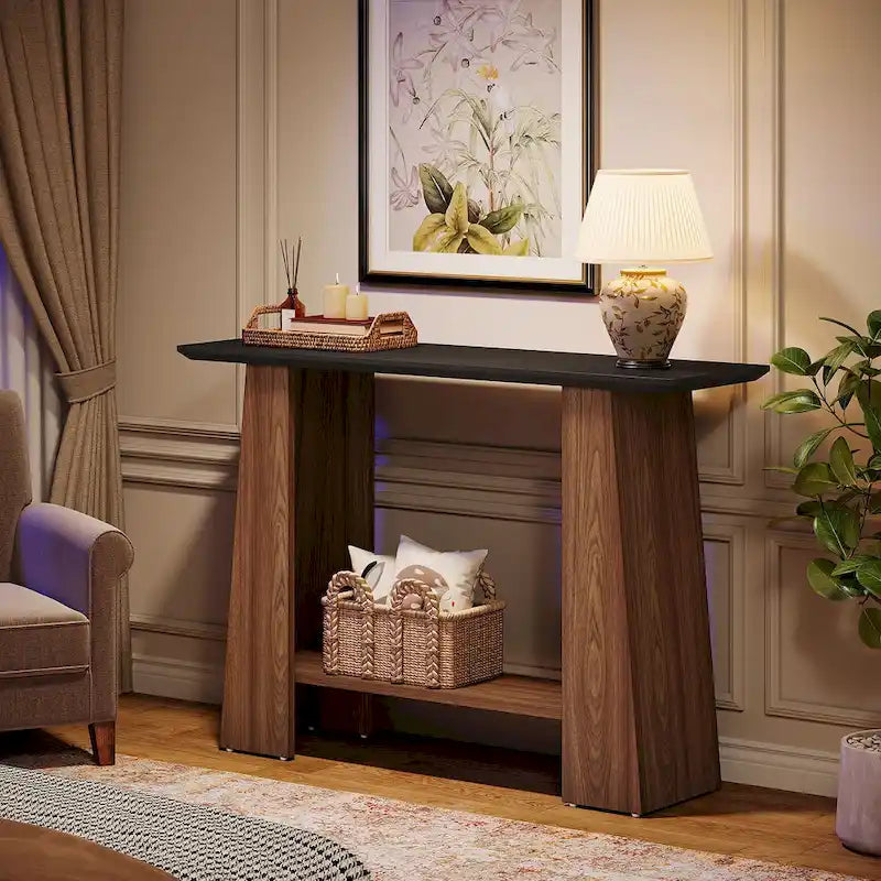 Console noire et noyer avec étagère de rangement, 119 cm de large